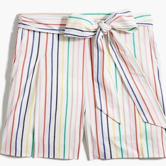 J. Crew Pants - J. Crew Factory Rainbow Striped Bow Tie-waist Short Stretch Cotton Poplin Size 0